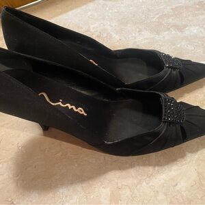 Nina Black Satin Pointed Toe Kitten Heel Pumps with Rhinestone Accent